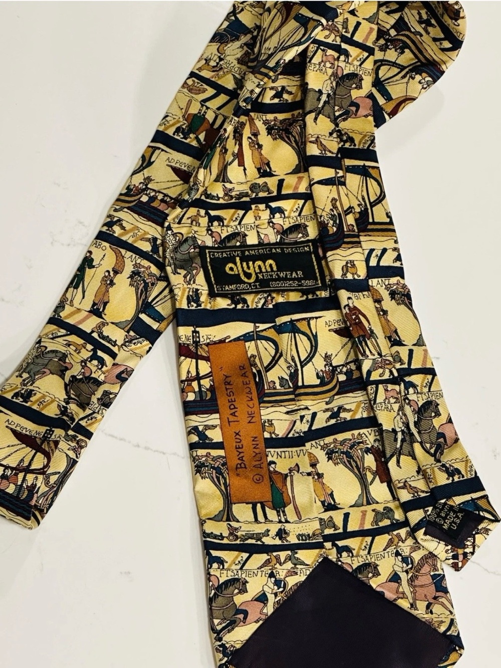 dynn Neckwear Tapestry Print Silk Tie in Yellow and Navy